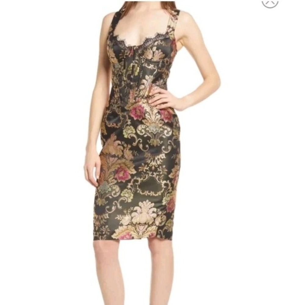 Lavish Alice Baroque Lace Trim Corset Dress Womens 4 Black Metallic Party Sexy